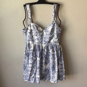 ZARA White & Blue Paisley Print Sweat Heart Neck Mini Dress Linen Blend